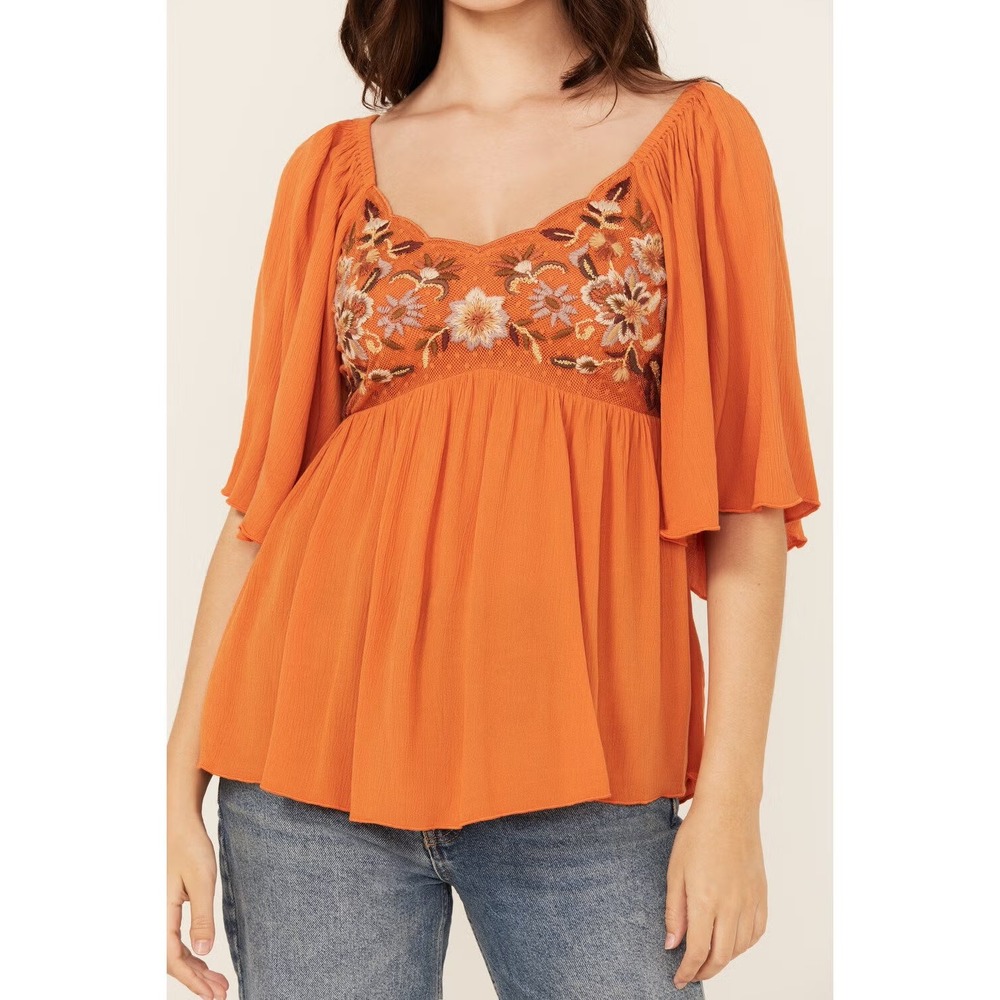 Shyanne Womens Orange Floral Embroidered Flutter Sleeve Babydoll Boho Blouse M